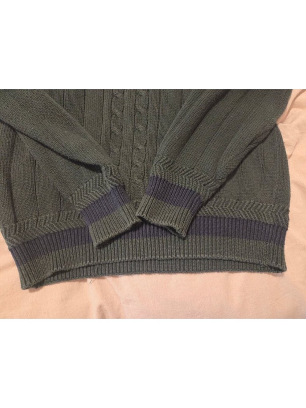 VTG Mens Sweater V-Neck Preppy Tennis Cricket Green Navy White Cable Knit - Picture 6 of 6